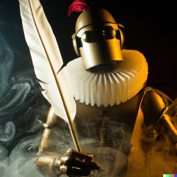 DALL·E 2022-10-24 09.37.14 - a robot dressed like Shakespeare with a quill in a smoke filled taven 