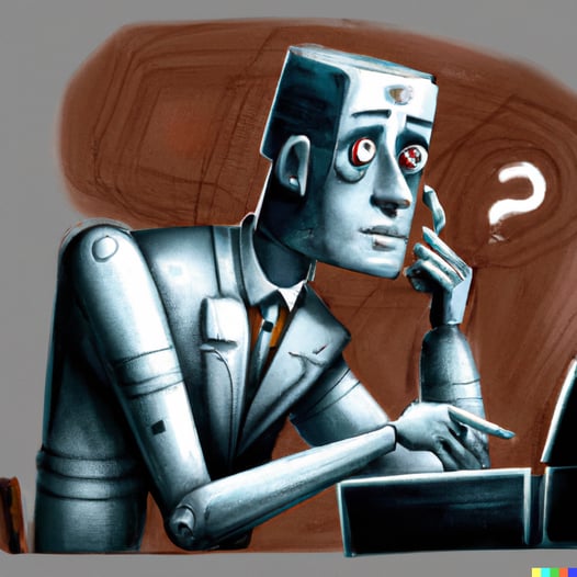 DALL·E 2023-01-03 15.35.08 - A robot businessman on a laptop looking confused, digital art