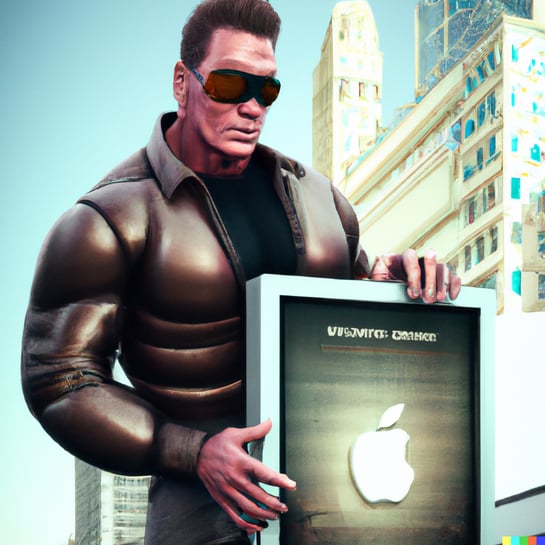 DALL·E 2023-01-09 15.31.45 - Arnold Schwarzenegger as the Terminator reading an Apple billboard, digital art