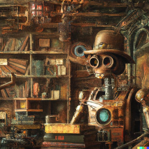 DALL·E 2023-01-23 17.19.49 - A steampunk robot in an wooden, book-filled library, digital art