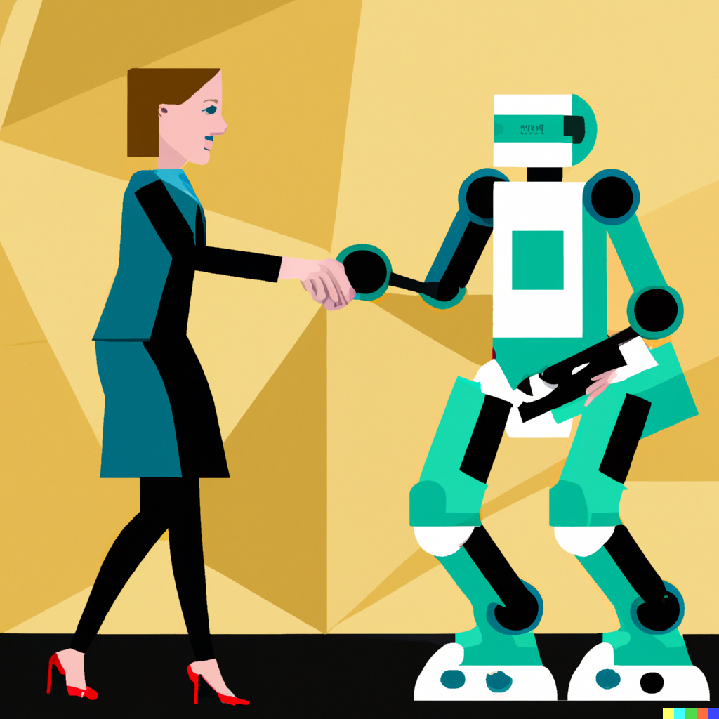 DALL·E 2023-03-08 10.57.29 - a woman shaking hands with a robot, with an angry male banker having a temper tantrum in the background, in a geometric style