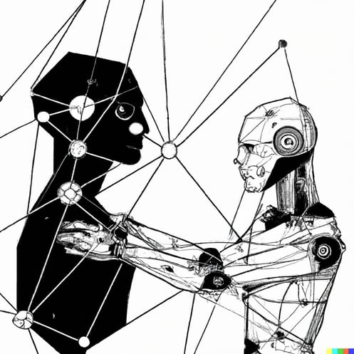 DALL·E 2023-03-22 11.18.49 - A robot and a human bound by a neural link, in a geometric style