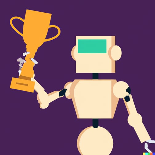 DALL·E 2023-03-22 14.48.11 - a robot holding a trophy above its head, in the style of flat art