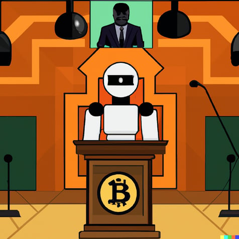 DALL·E 2023-03-29 10.53.38 - a courtroom with a robot judge, sentencing a bitcoin, geometric art