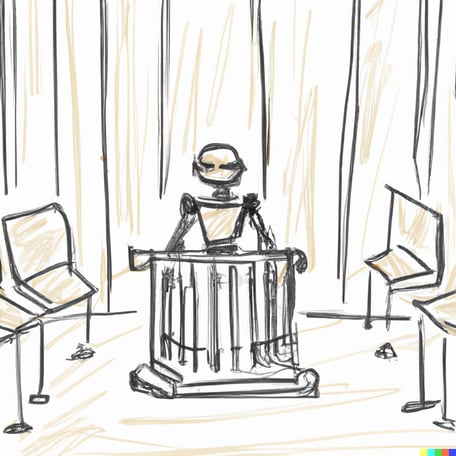 DALL·E 2023-04-12 12.11.47 - a robot been sentenced in a court room, courtroom sketch