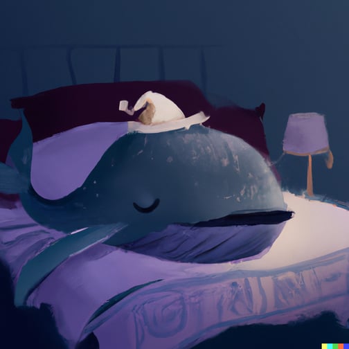 DALL·E 2023-04-24 13.59.08 - a sleepy whale waking up on a bed, wearing a sleep cap, digital art