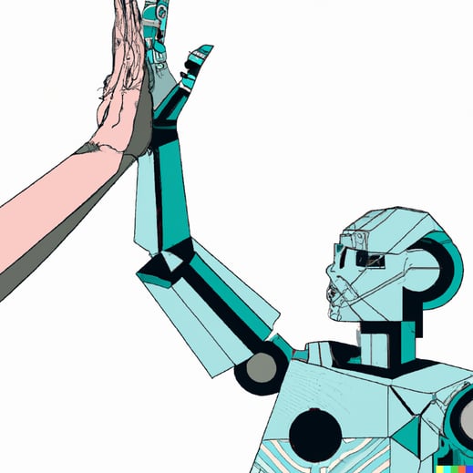 DALL·E 2023-05-11 11.47.43 - a robot and human highfiving, geometric style_