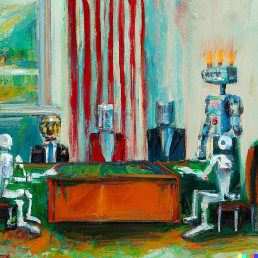 DALL·E 2023-05-11 12.06.53 - a meeting at the oval office with robots and the president, oil painting_
