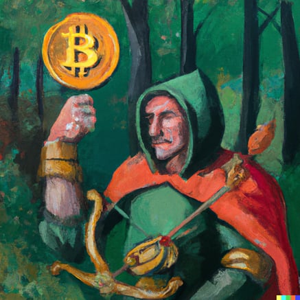 DALL·E 2023-06-14 14.24.51 - robin hood punching a bitcoin, oil painting