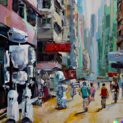 DALL·E 2023-07-05 14.02.45 - hong kong with robots walking the streets, oil painting