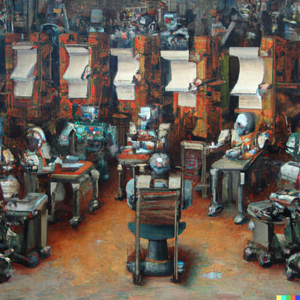 DALL·E 2023-07-05 14.10.18 - an infinite room of robot writers, writing the works of shakespeare, oil panting