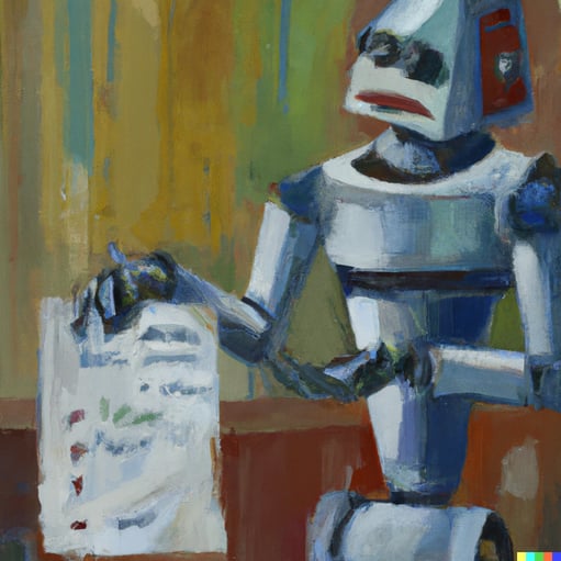 DALL·E 2023-07-19 14.59.22 - a robot at school, being handed a test paper with an F grade, oil painting