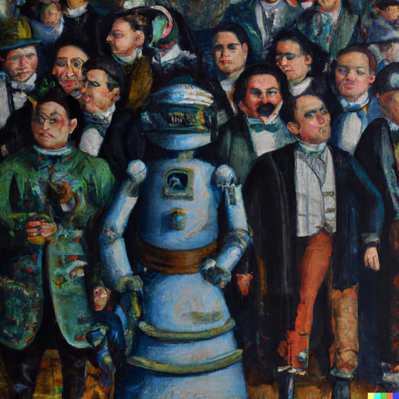 DALL·E 2023-07-19 15.01.58 - a crowd of background actors in period clothing, with one robot, oil painting