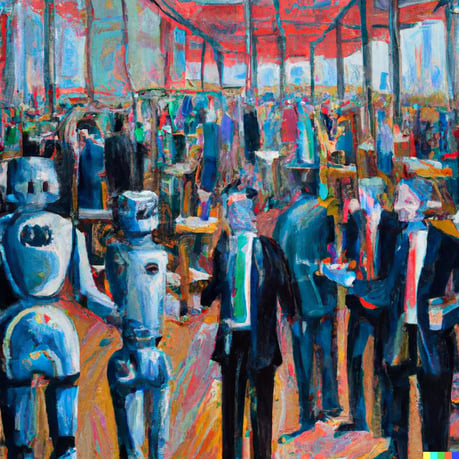 DALL·E 2023-08-02 13.25.16 - hundreds of business people and robots in a bar, shaking hands with each other, oil painting