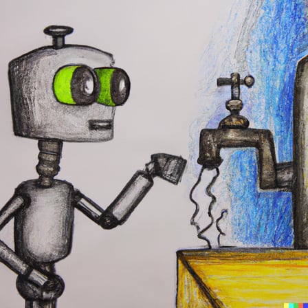 DALL·E 2023-08-02 15.51.30 - a robot standing by a running faucet tap, oil pastels