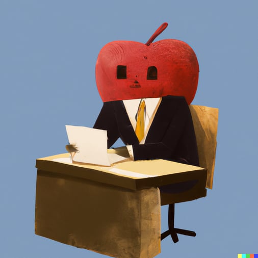 DALL·E 2023-08-09 15.24.04 - an apple in a suit working behind a desk, digital art