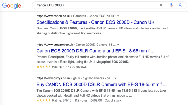 canon camera rich snippet search result